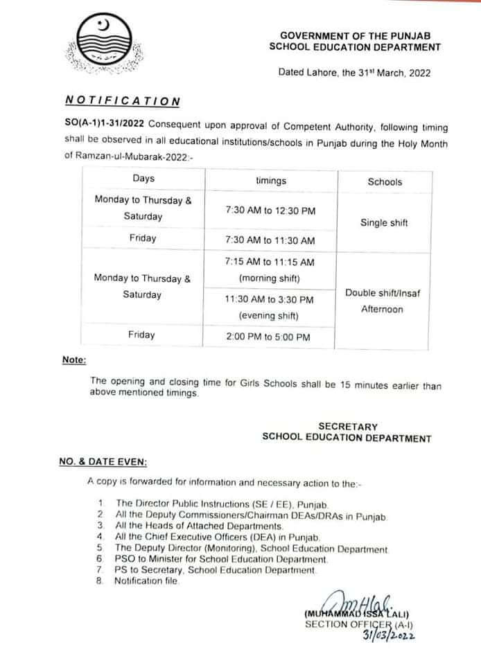 Ramadan New school timings announced by Punjab