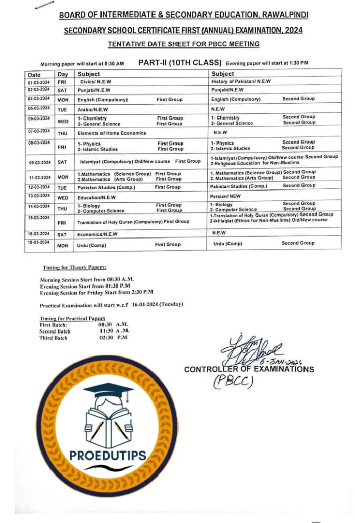 Date sheet 10th for the BISE Sahiwal board in 2025